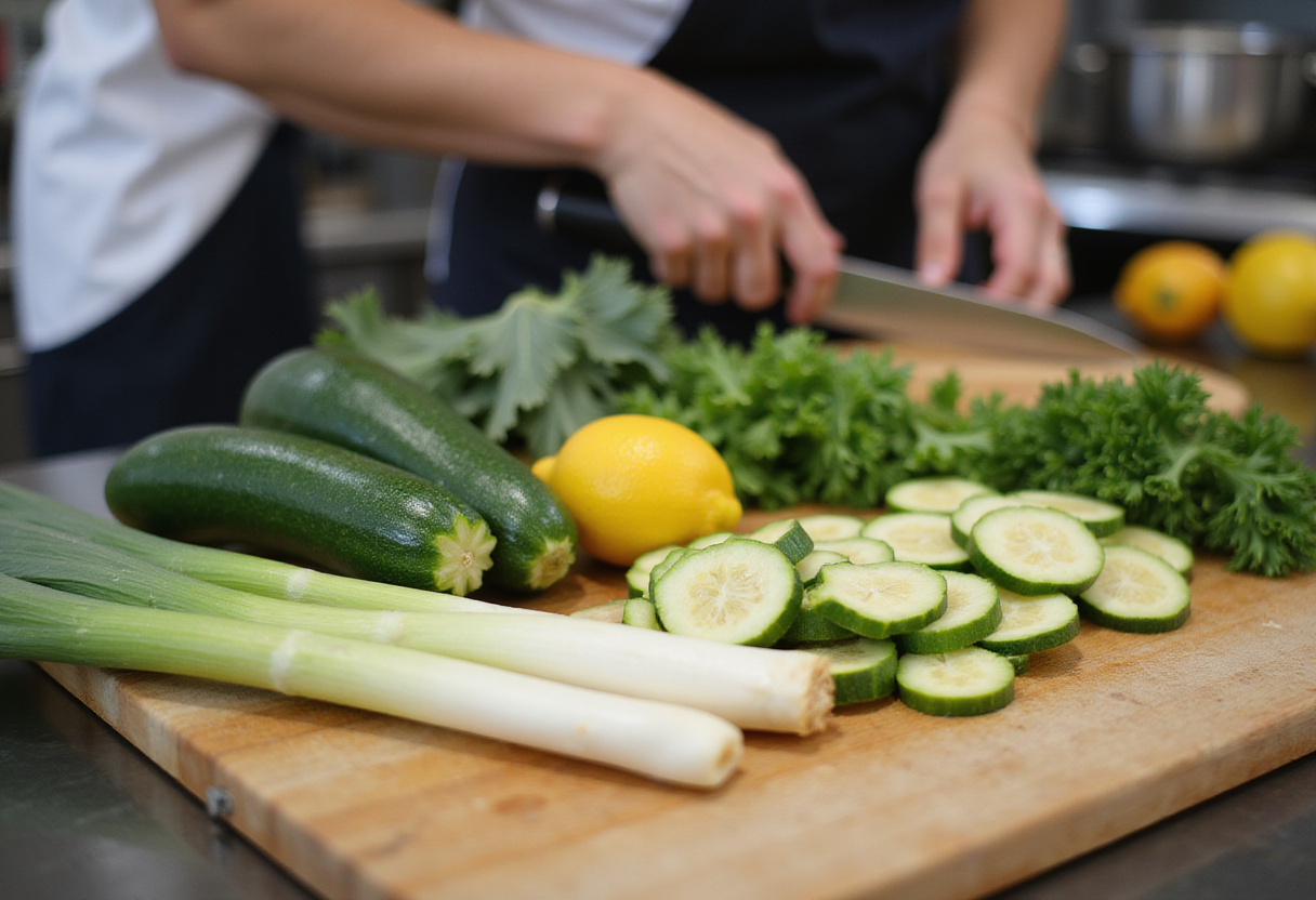 Ingredientes frescos de calabacín y puerro para hacer sopa de calabacín en la cocina.