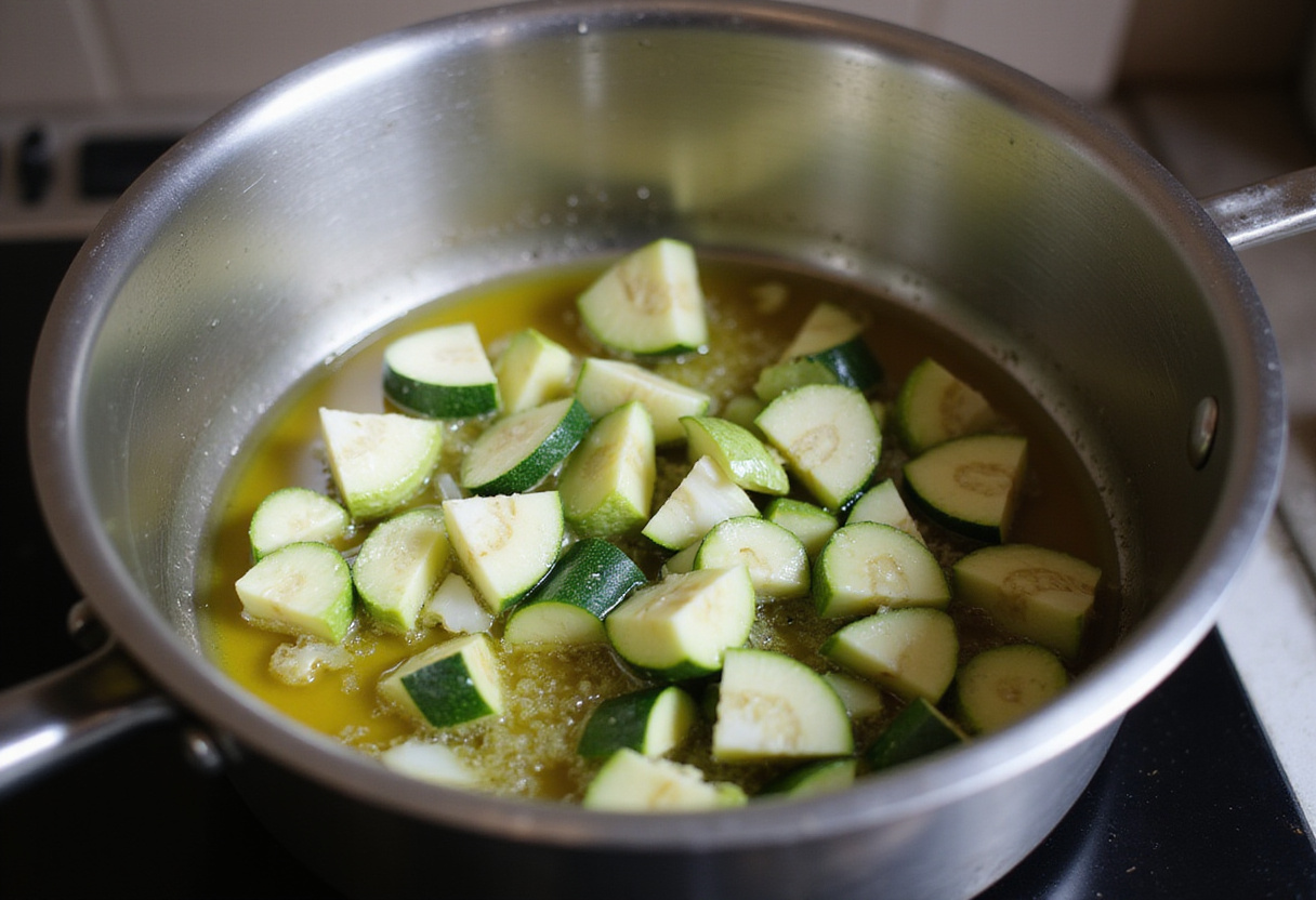 Agregando calabacín y puerro en una olla para preparar sopa de calabacín saludable.