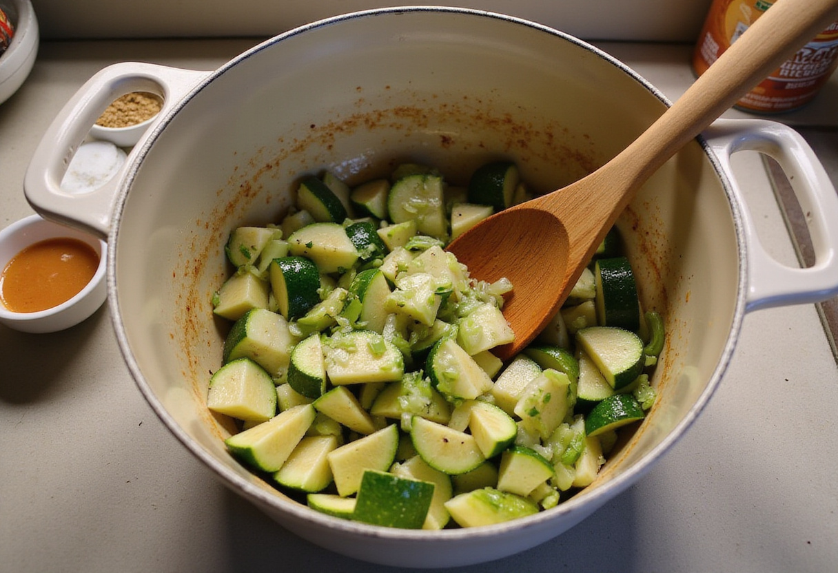 Sofriendo calabacín y puerro para sopa en una olla, creando una receta de sopa deliciosa.