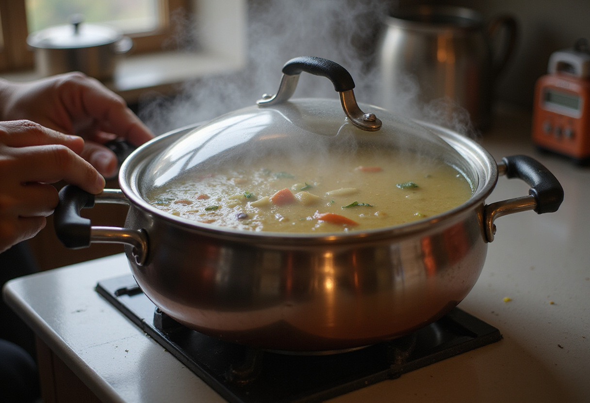 Cocinando la sopa de calabacín y puerro a fuego lento en una olla con tapa.