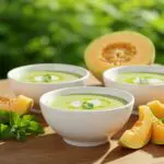 Delicious serving of finished sopa de melón y menta, perfect for summer refreshment.
