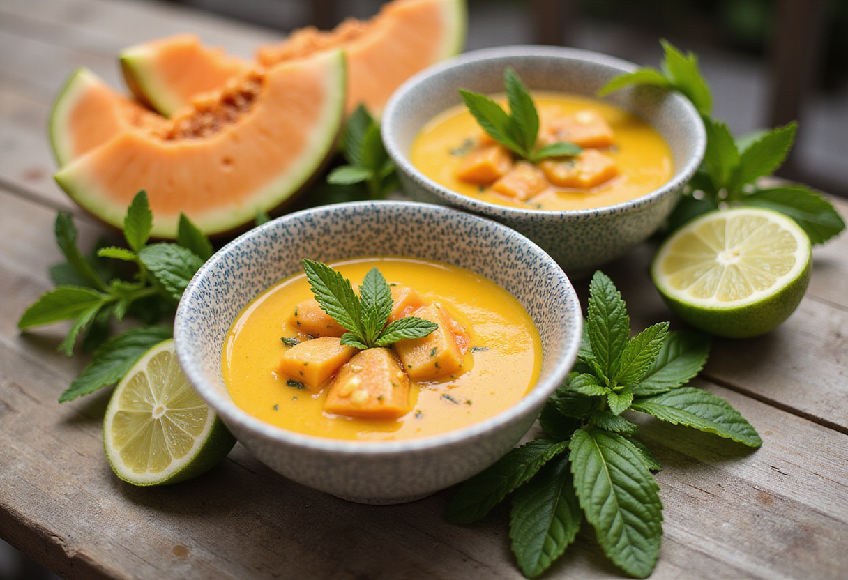 Deliciosa porción de sopa de melón y menta terminada, perfecta para refrescarse en verano.