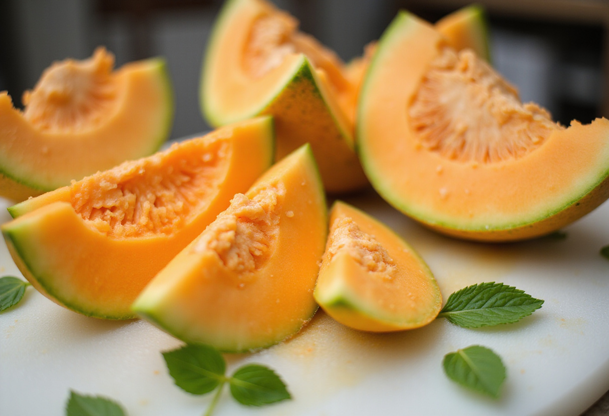 Cortar melones maduros para sopa fría de melón y menta, una refrescante sopa fría.
