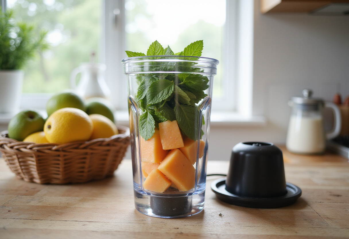 Licuar melones y hojas de menta para crear una deliciosa sopa fría de melón y menta.