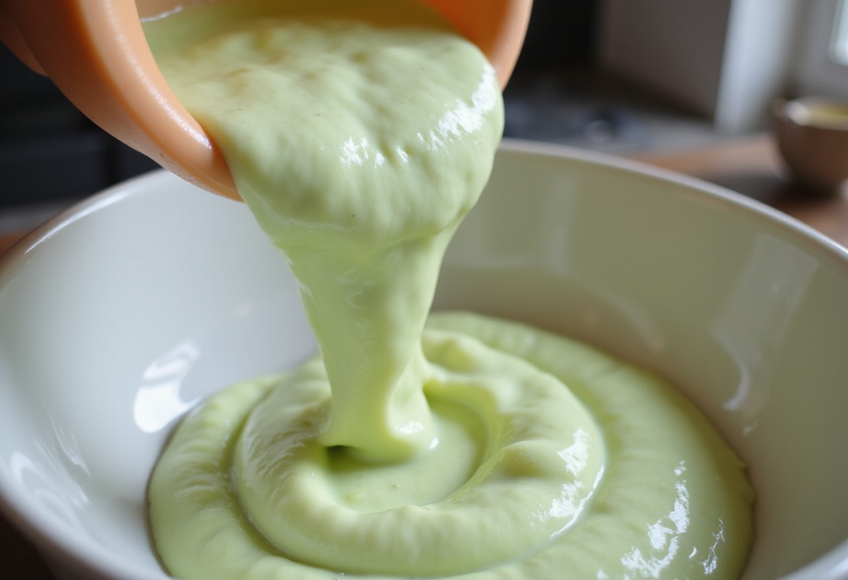 Verter la mezcla licuada de melón y menta para una refrescante receta de sopa de frutas.