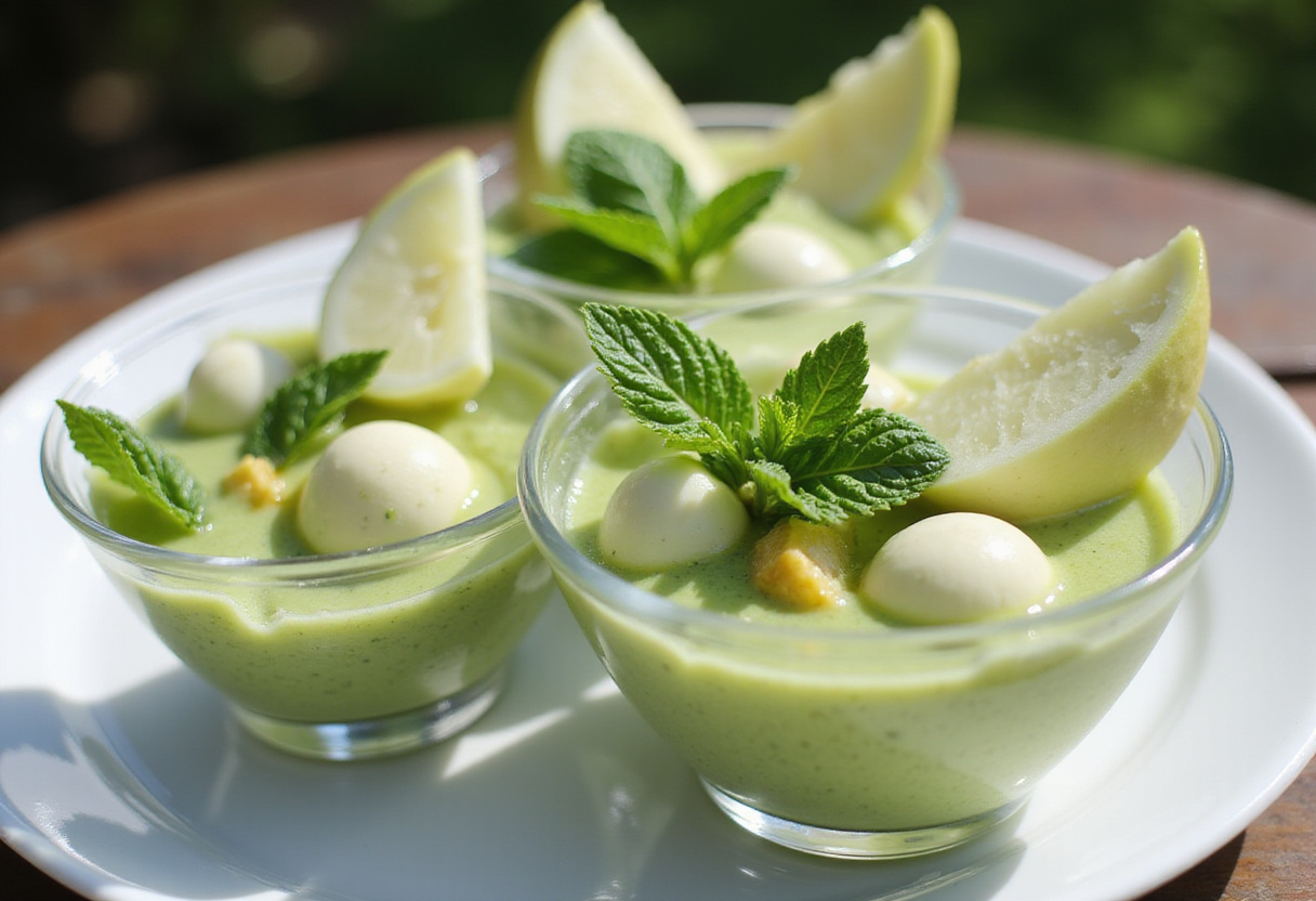 Decorar sopa fría de melón y menta refrigerada con ingredientes frescos para un plato refrescante.