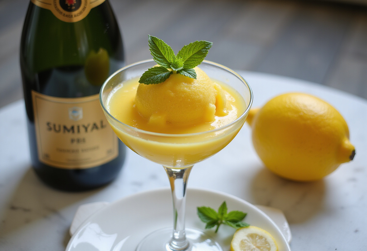 Delicioso sorbete de limón servido con cava, perfecto como un postre refrescante.