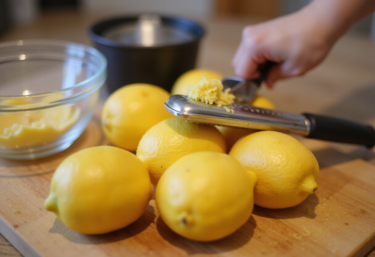Limones frescos siendo rallados para hacer sorbete de limón al cava.