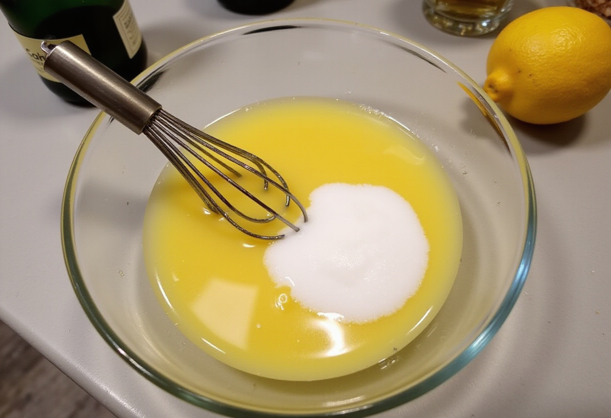 Mezclando zumo de limón y azúcar para la receta de sorbete de limón al cava.