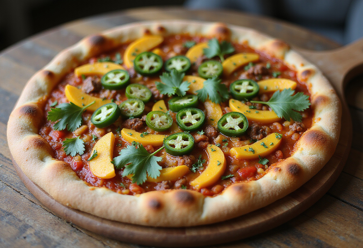 Pizza de mango picante y chorizo terminada, lista para servir en una mesa rústica.