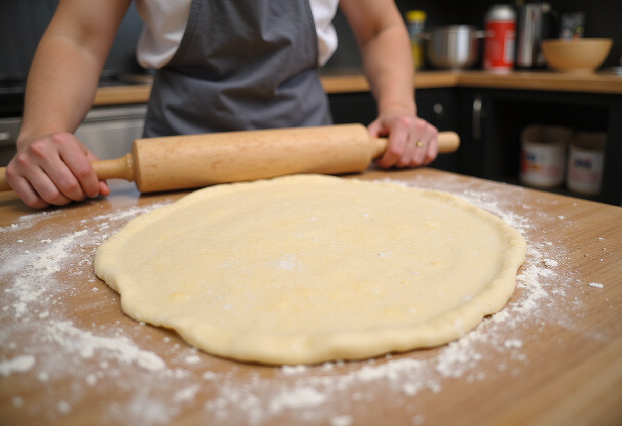 Masa de pizza estirada en un mostrador de cocina para preparar pizza de mango picante y chorizo.