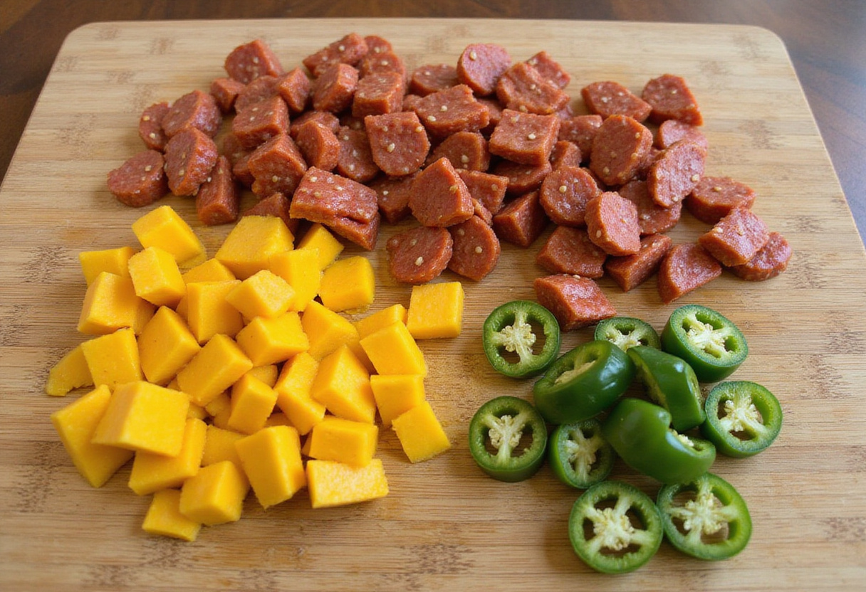 Ingredientes tropicales como chorizo, mango y jalapeños para pizza picante preparados sobre una tabla de cortar.