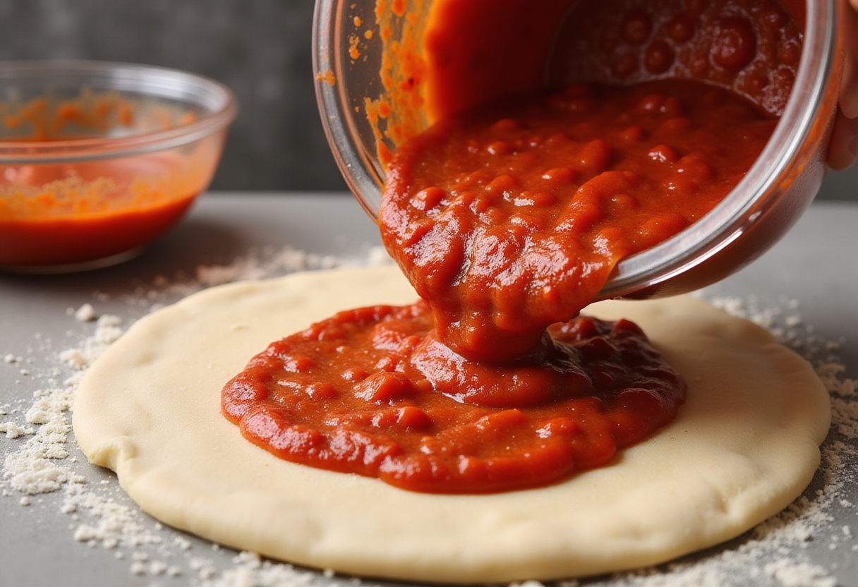 Salsa de tomate esparcida sobre la masa de pizza para la receta de pizza de chorizo.