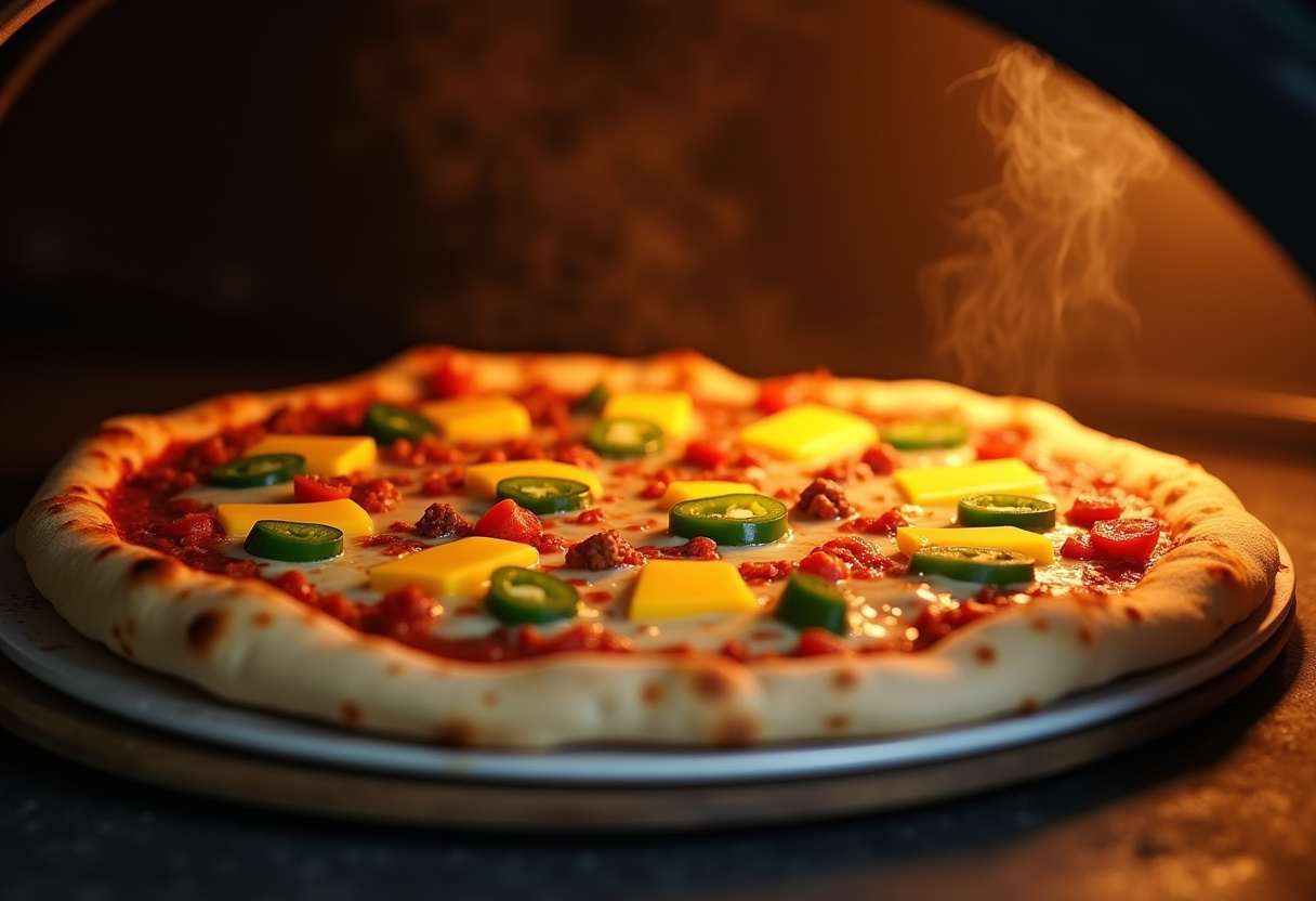 Pizza de mango picante y chorizo lista para hornear en el horno.