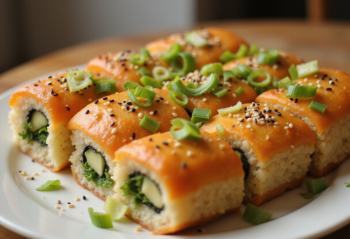 Finished golden-brown sushi bake with garnishes, ready to serve.