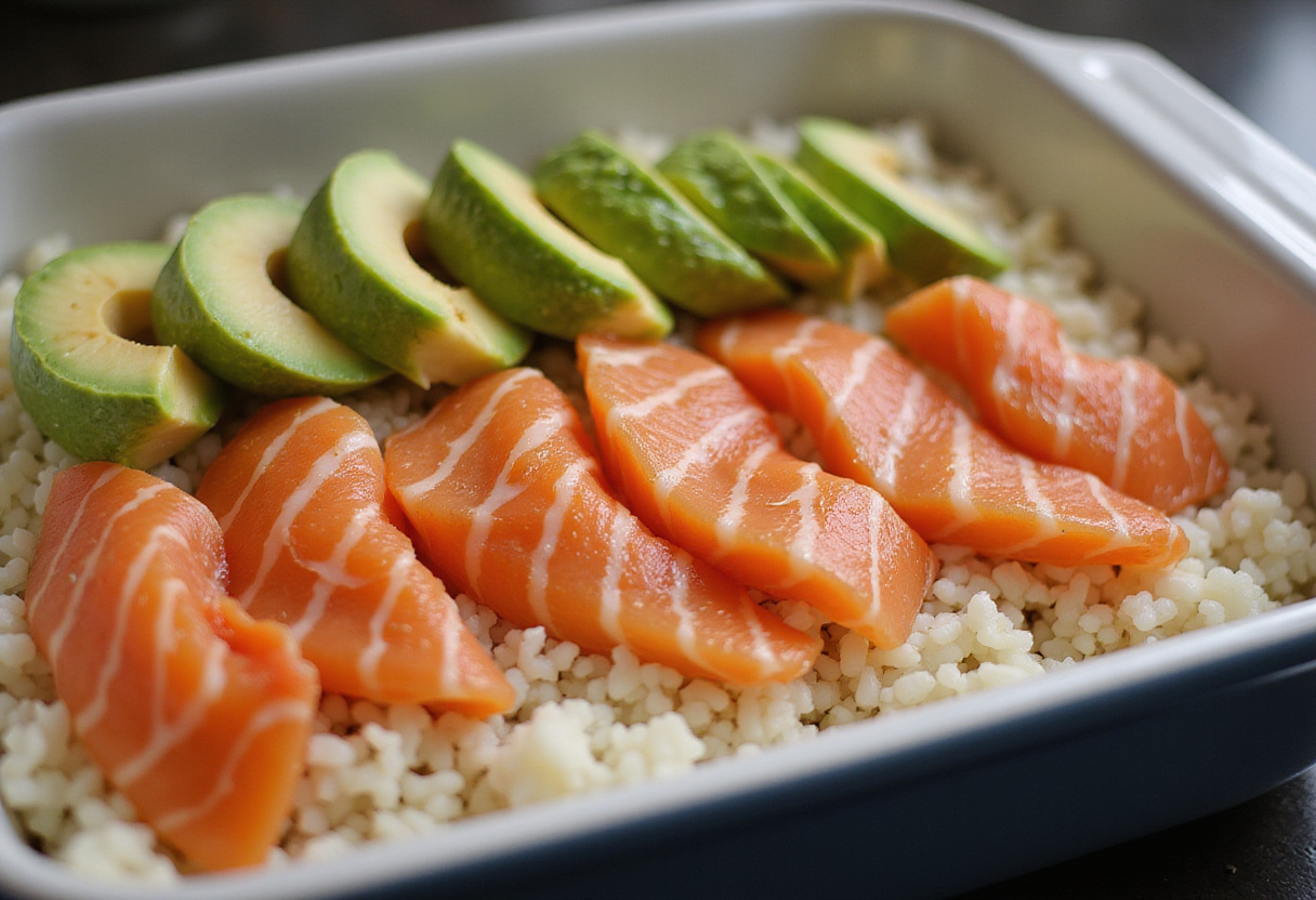 Baking dish prepared with sushi rice and salmon for sushi bake.