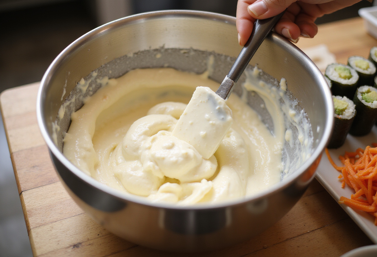 Mixing cream cheese and mayonnaise for sushi bake recipe ingredients.