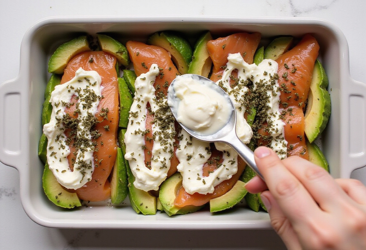 Spreading cream cheese mixture over salmon and avocado in the sushi bake.
