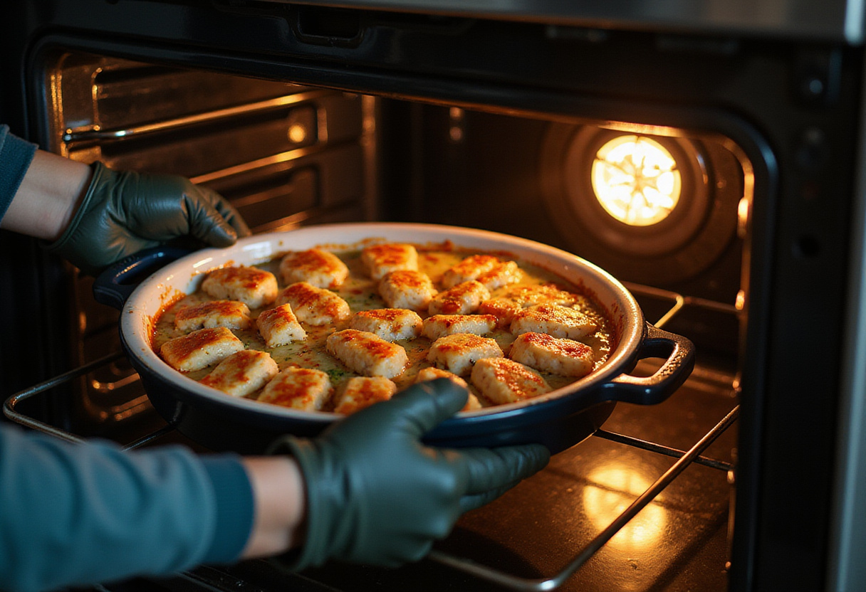 Placing sushi bake dish into the oven for baking.