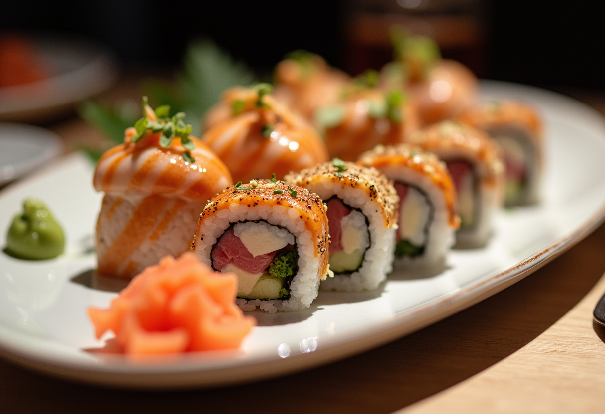 Sushi fusión terminado con ingredientes ibéricos, ideal para disfrutar en cualquier ocasión.