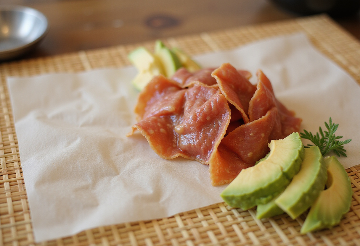 Sushi fusión ingredientes ibéricos en una esterilla de sushi con nori y chorizo.