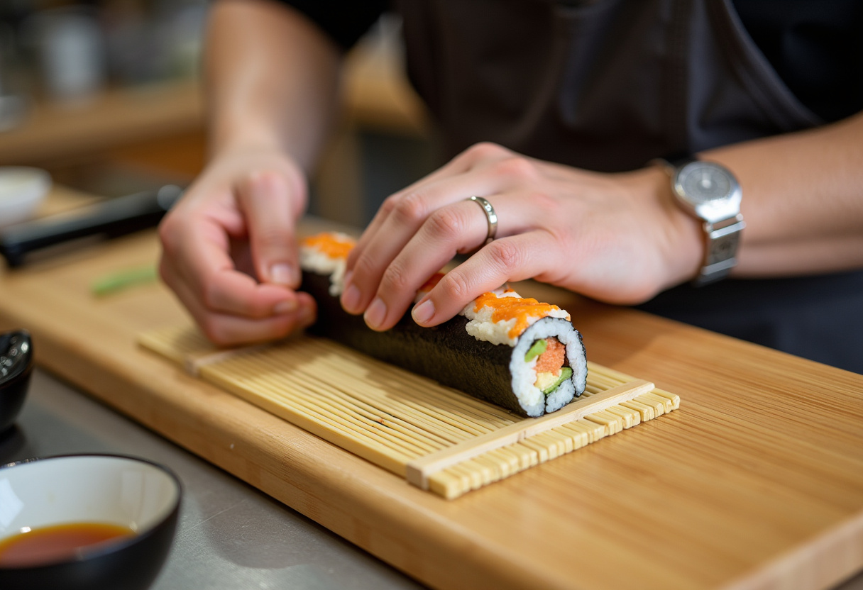 Sushi fusión enrollado con ingredientes ibéricos, listo para cortar y servir.