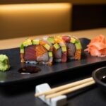Finished sushi mosaico served on a plate, highlighting the vibrant colors and intricate design.