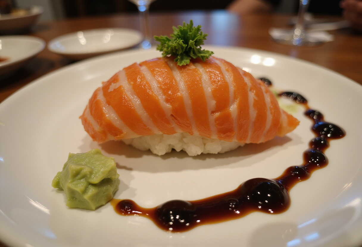 Sushi mosaico terminado servido en un plato, destacando los colores vibrantes y el diseño intrincado.