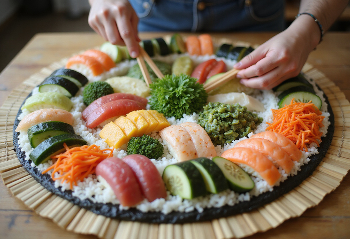 Ingredientes para sushi mosaico extendidos, incluyendo nori y arroz para hacer sushi mosaico.