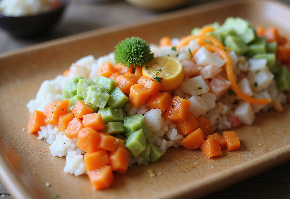 Vegetales y mariscos cortados en cubitos arreglados para sushi mosaico, creando un patrón de mosaico vibrante.