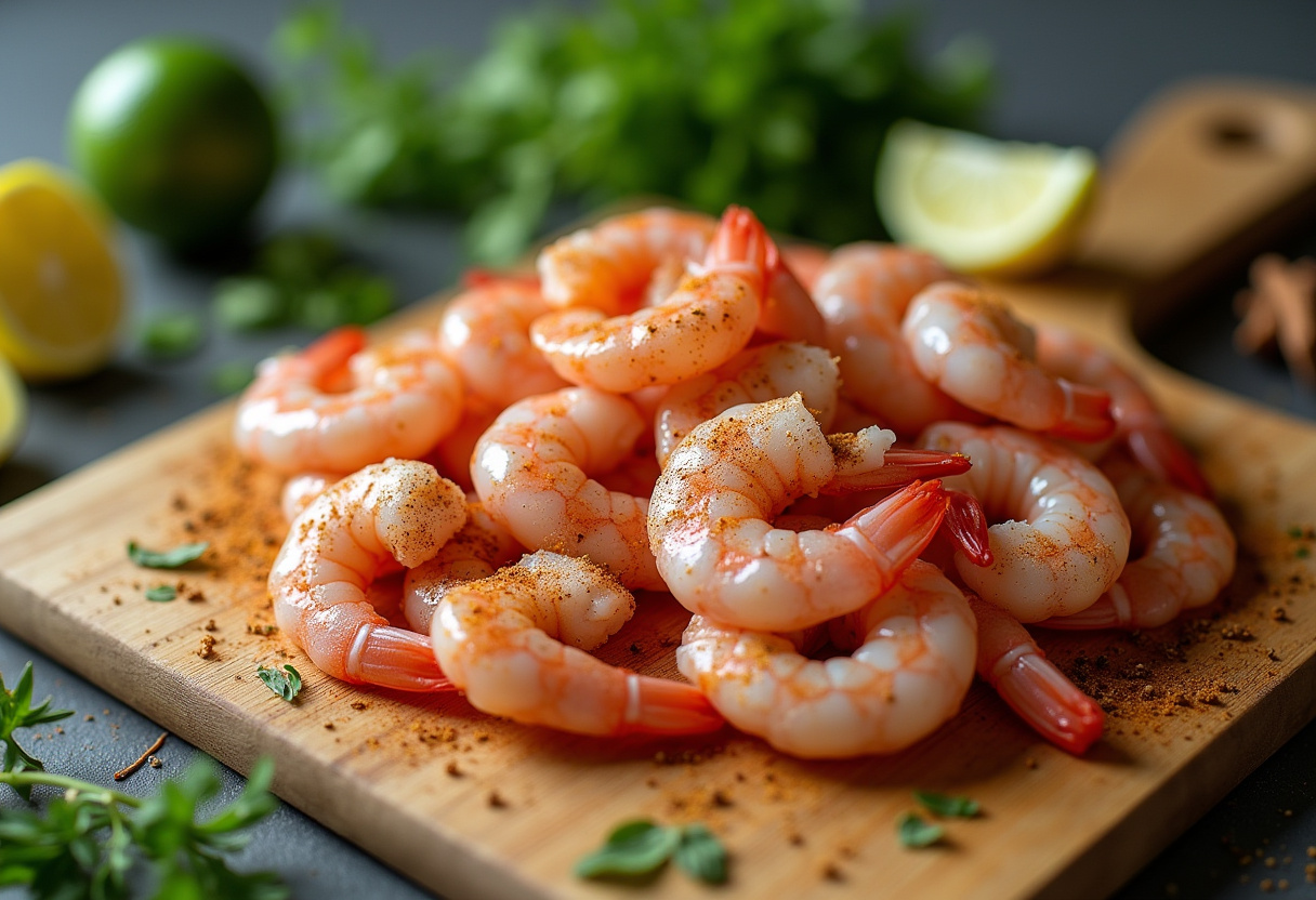 Fresh shrimp seasoned for making tacos de camarón, showcasing the preparation of tacos rápidos y sabrosos.