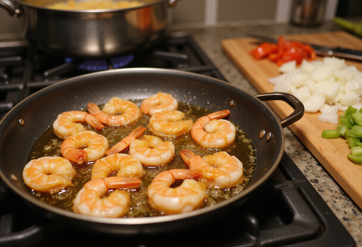 Shrimp cooking in a skillet for tacos gobernador, emphasizing the quick and delicious preparation of tacos sabrosos.