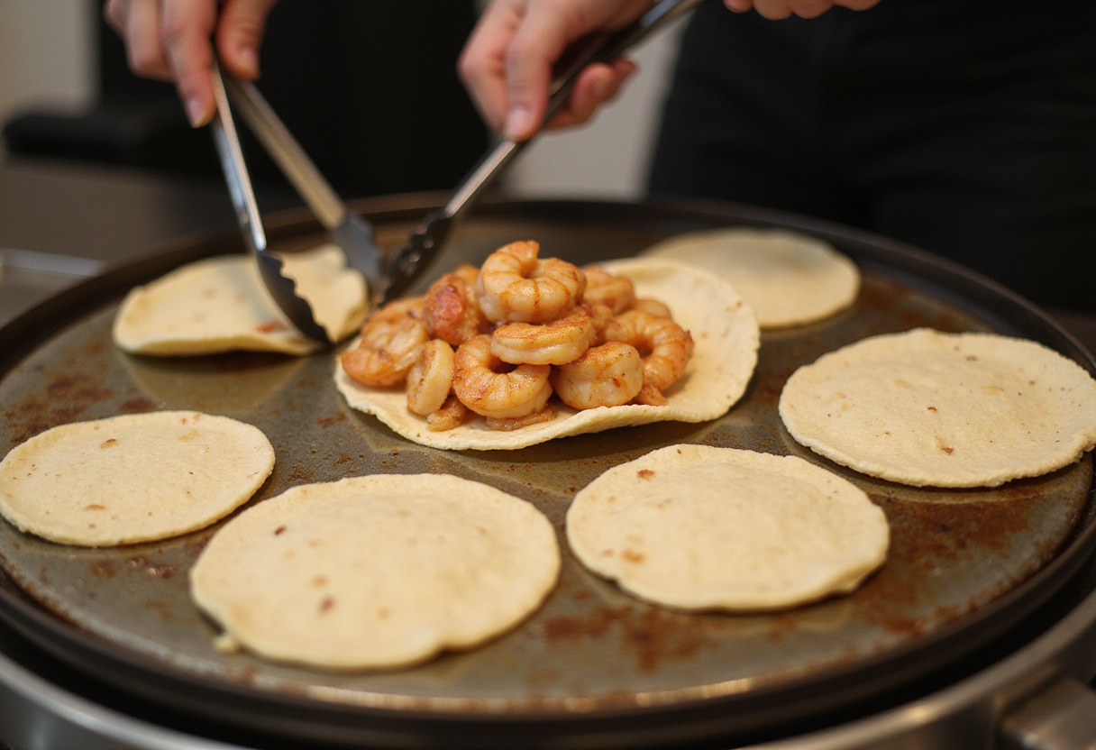 Corn tortillas being warmed for tacos de camarón, showcasing the steps to make tacos rápidos.