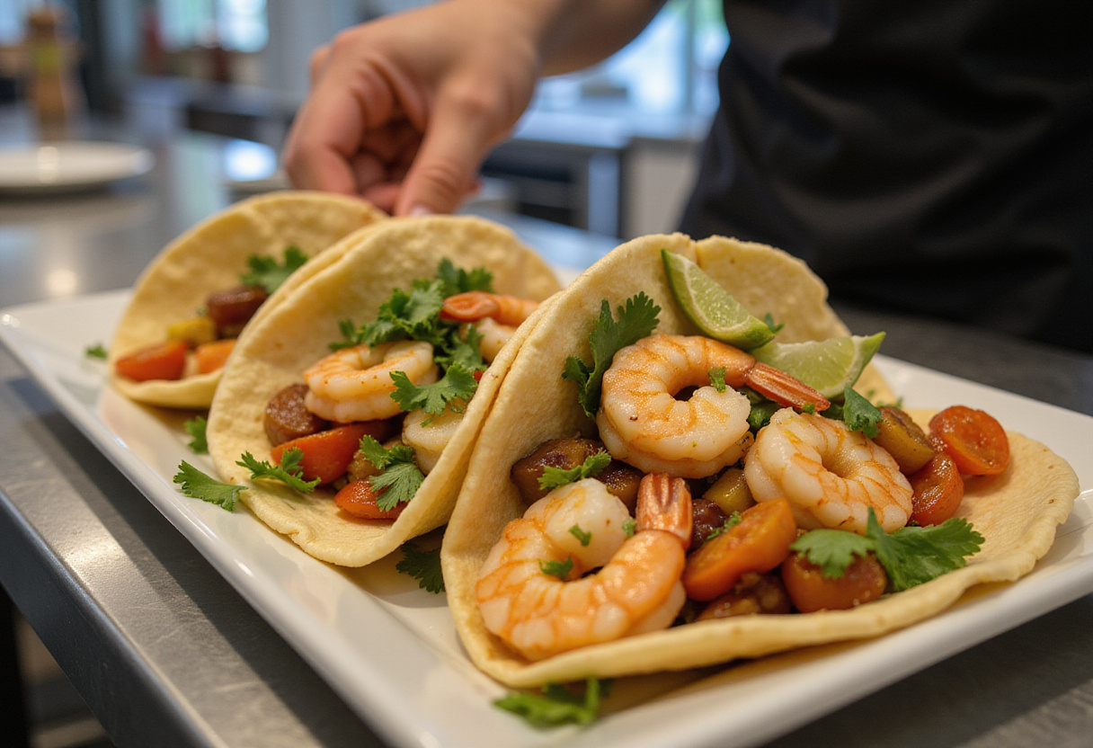 Assembly of tacos de camarón with shrimp and vegetables for flavorful tacos sabrosos.