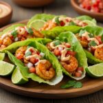 Tacos de lechuga con camarones servidos con rodajas de lima, listos para disfrutar.