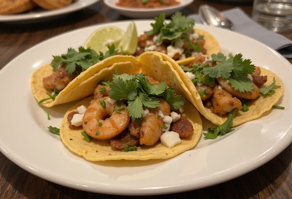 Tacos de lechuga con camarones servidos con rodajas de lima, listos para disfrutar.
