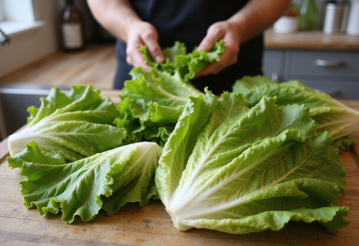 Hojas de lechuga frescas lavadas y listas para preparar tacos de lechuga con camarones.