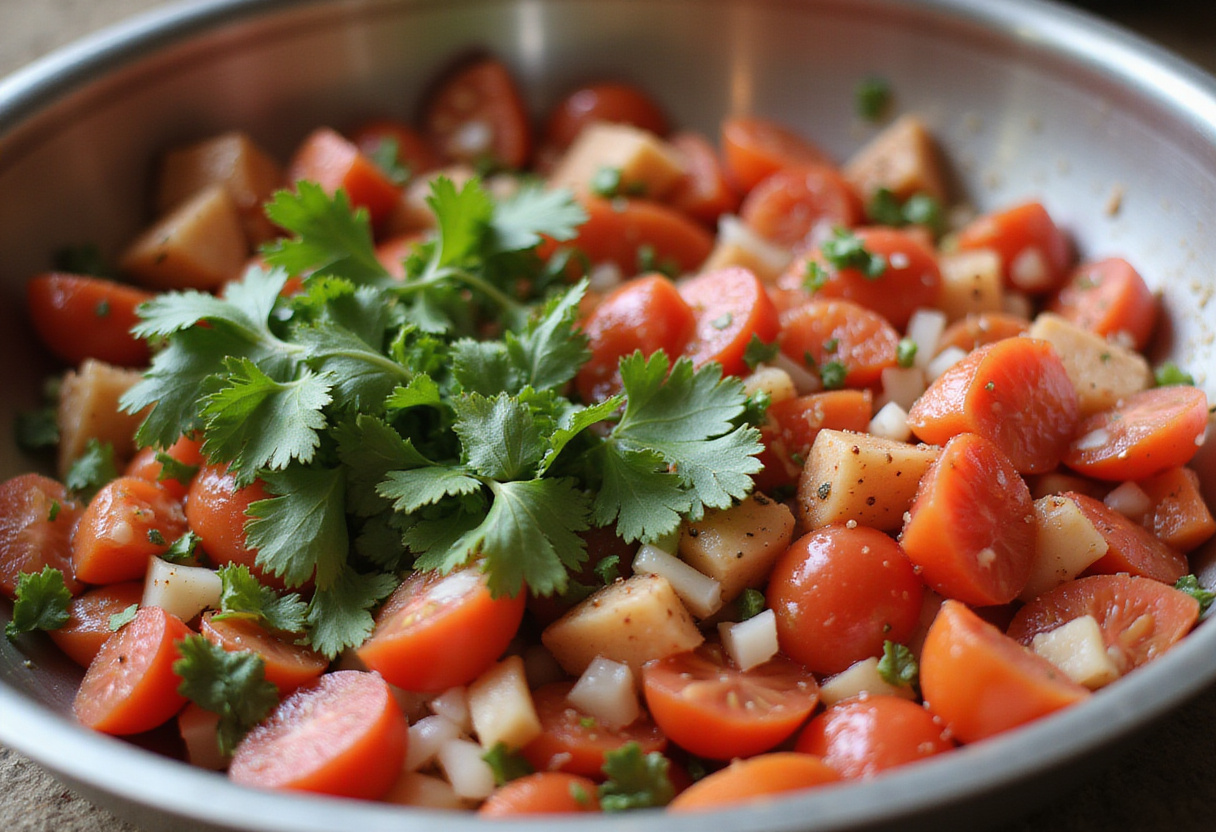 Mezcla de tomates, cebollas y cilantro para tacos de lechuga con camarones.