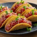 Tacos de sushi con atún picante servidos en una bandeja elegante, ideales para compartir.