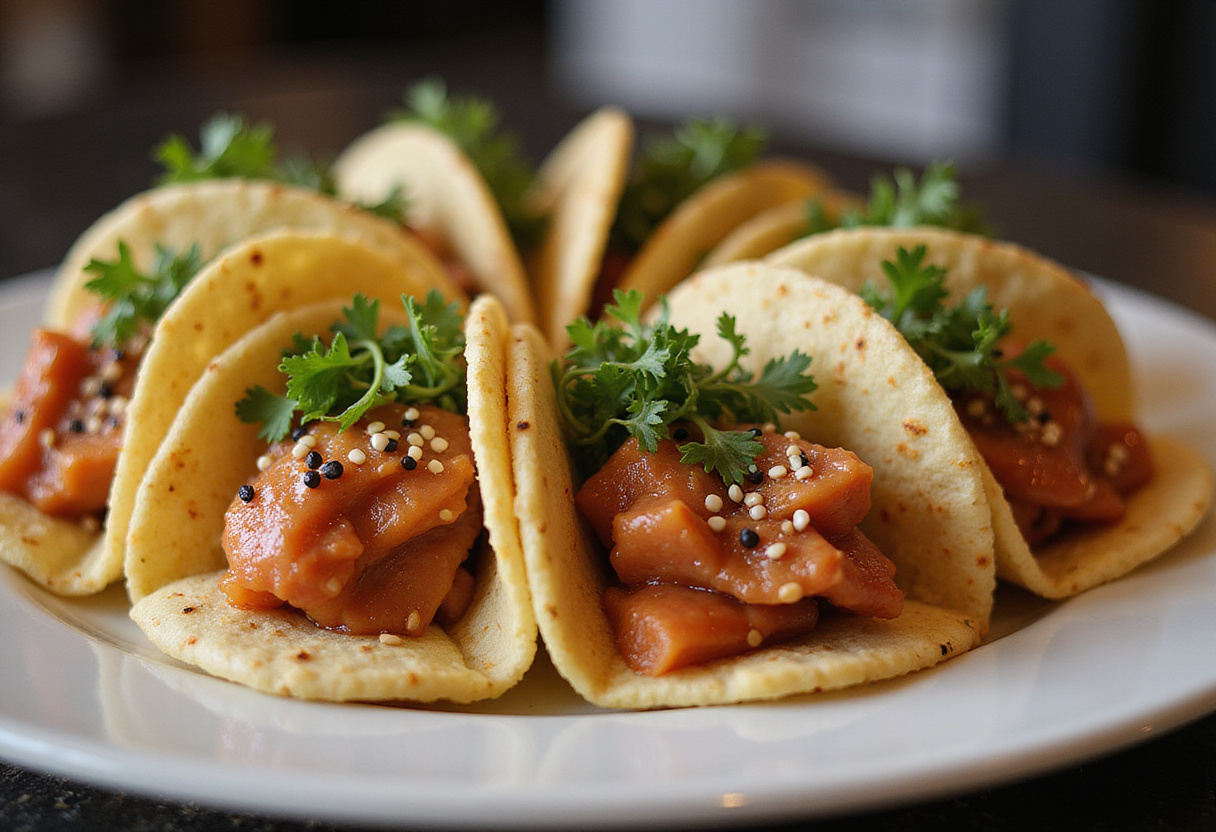 Tacos de sushi con atún picante servidos en una bandeja elegante, ideales para compartir.