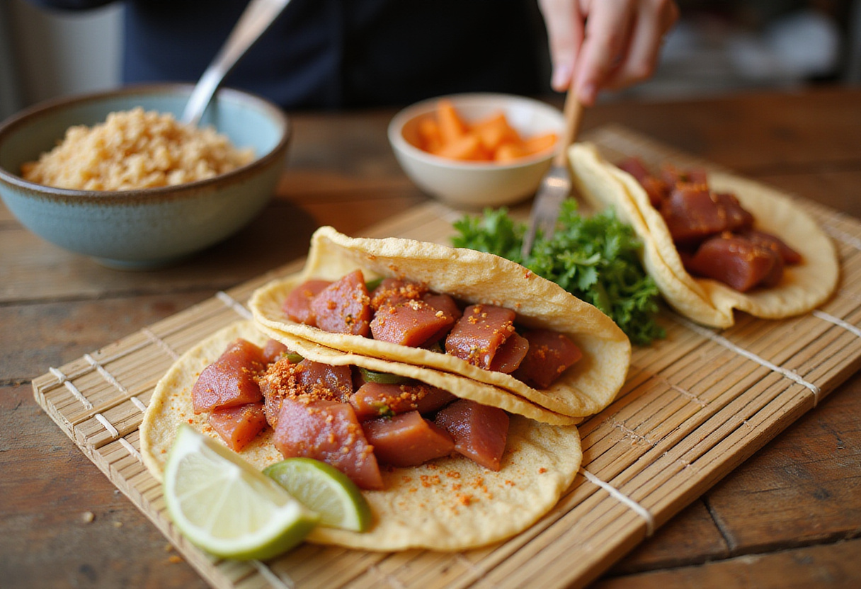Preparación de tacos de sushi con arroz y atún picante en una estación de cocina.