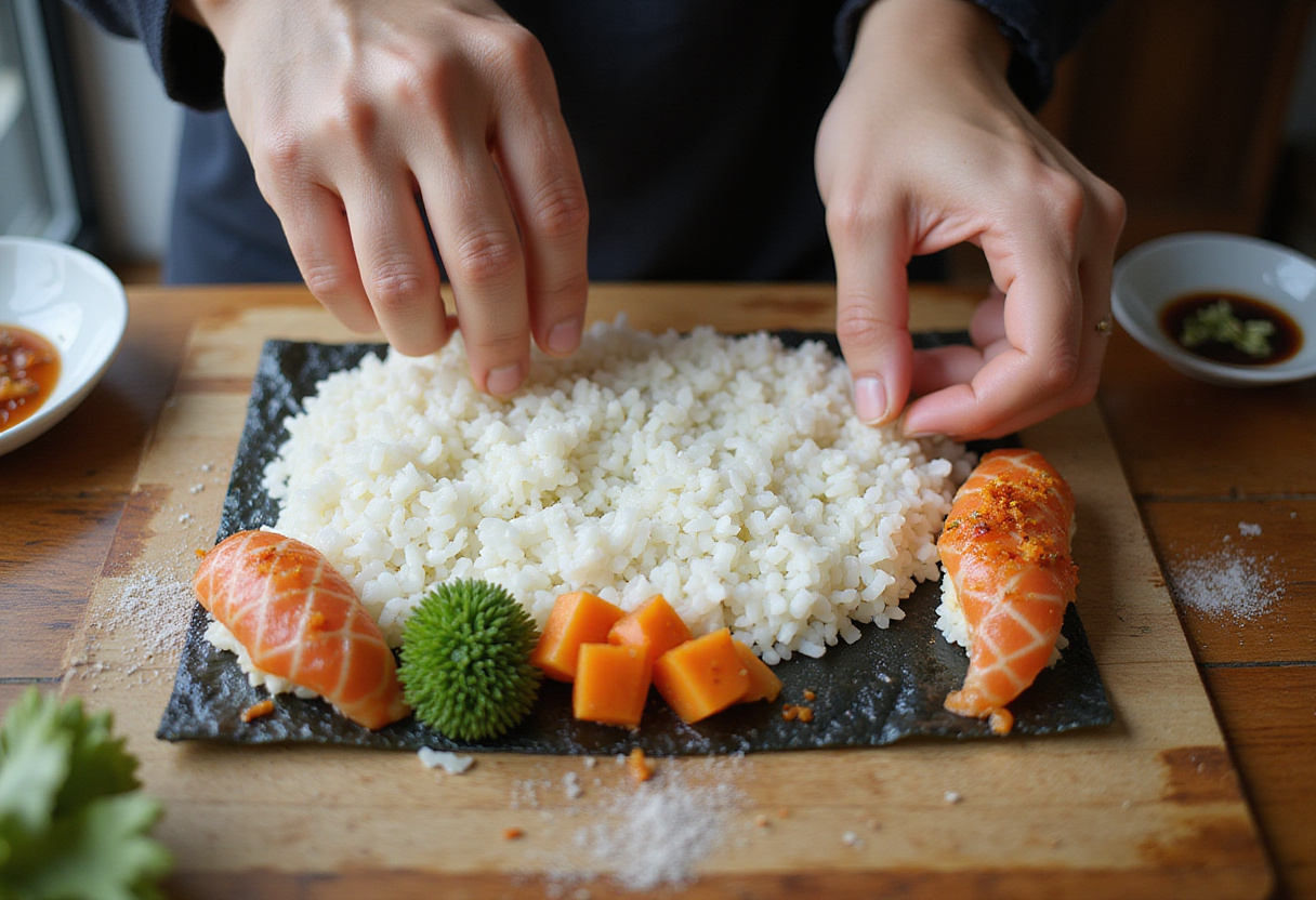 Extensión de arroz de sushi en una hoja de nori para tacos de sushi con atún picante.