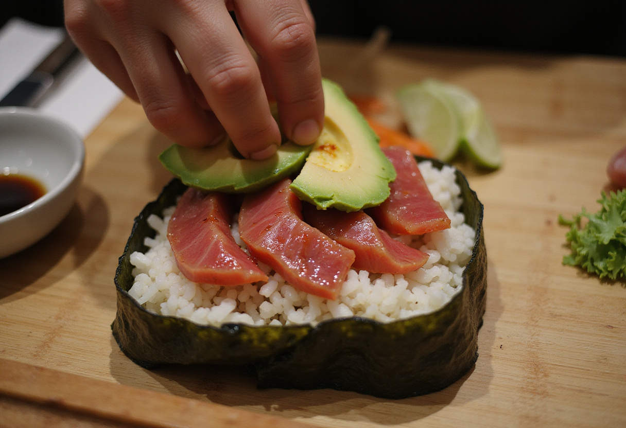 Colocación de atún picante y aguacate en tacos de sushi previamente preparados.