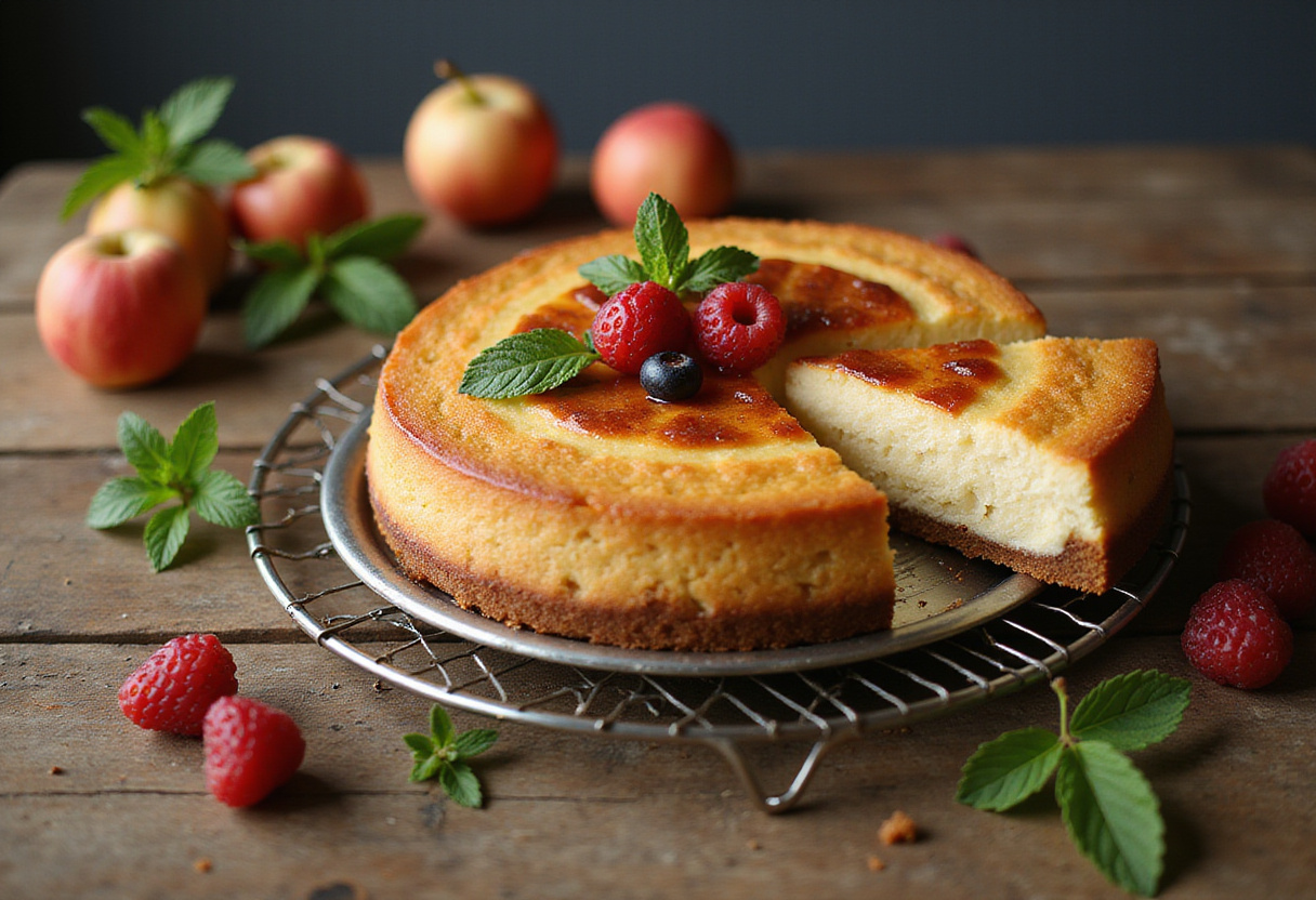 Tarta de queso al horno fácil, decorada con frutas frescas y hojas de menta, ideal para un postre.