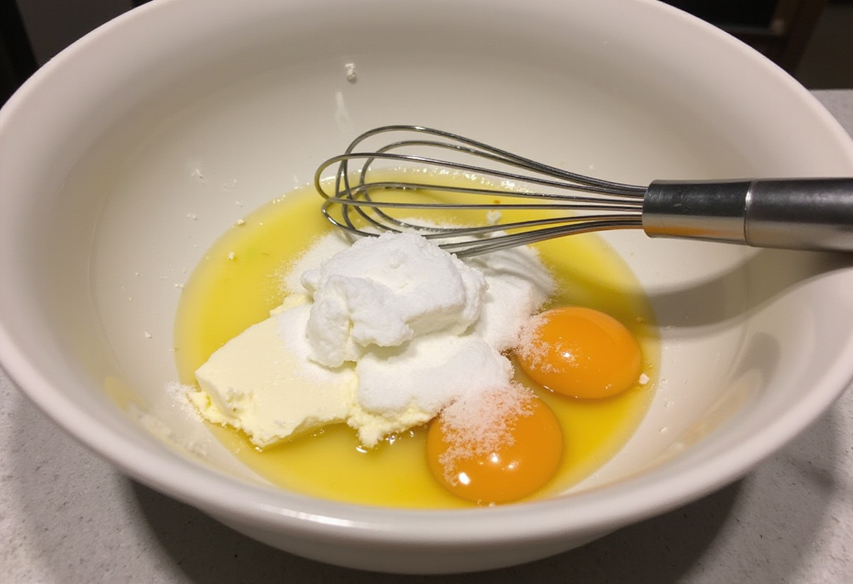 Ingredientes para tarta de queso fácil: queso crema, azúcar y huevos en un bol de mezcla.