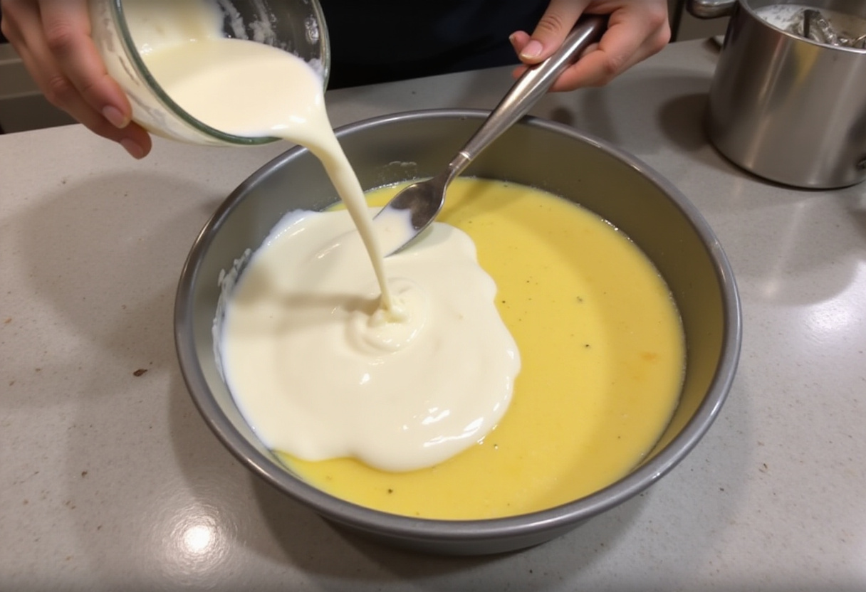 Vertiendo mezcla de tarta de queso fácil en un molde engrasado para hornear.