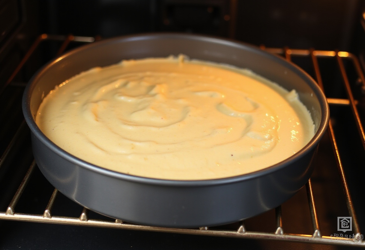 Molde con mezcla de tarta de queso al horno listo para introducir en el horno.