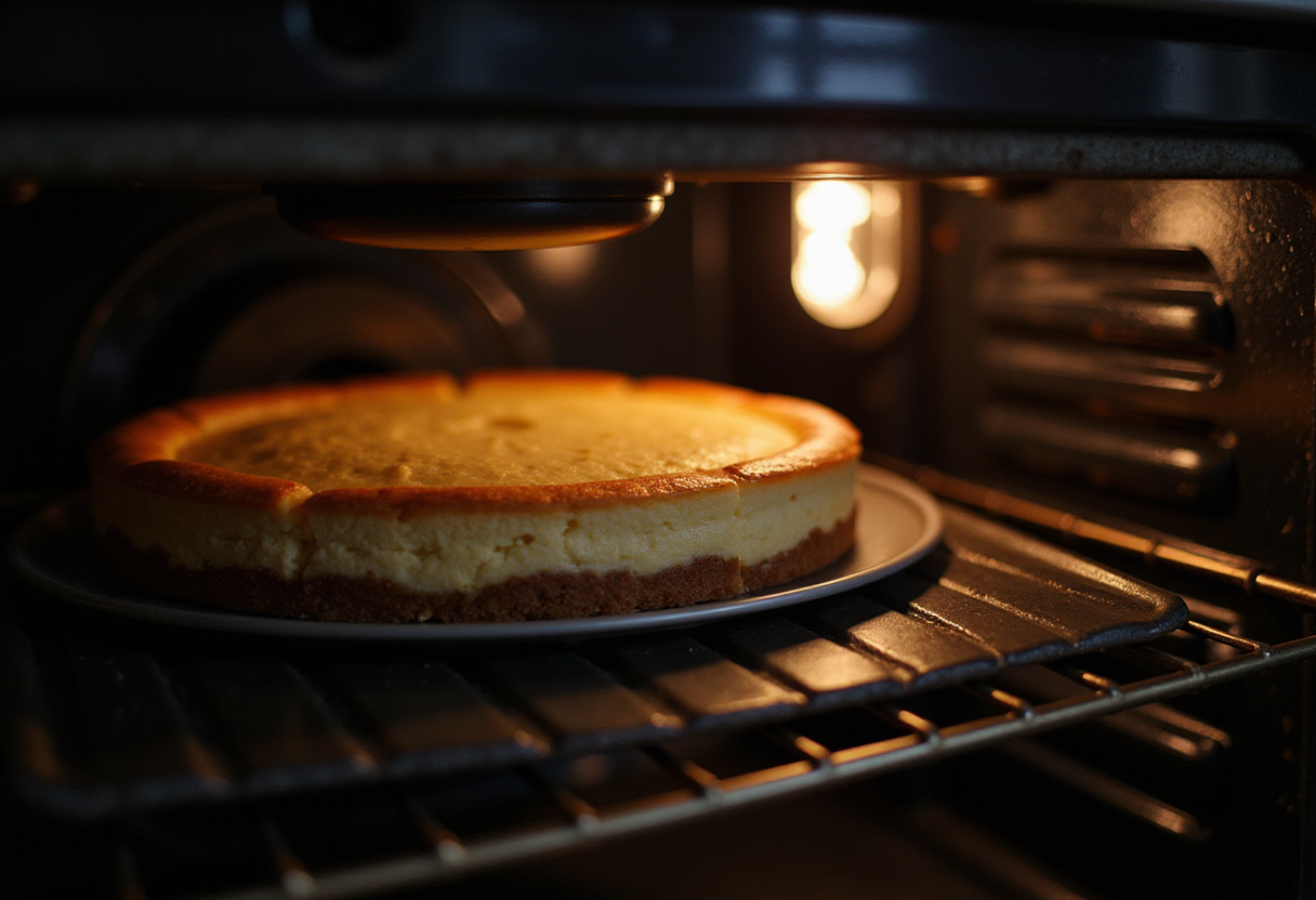 Configurando el temporizador del horno para la tarta de queso fácil al horno.