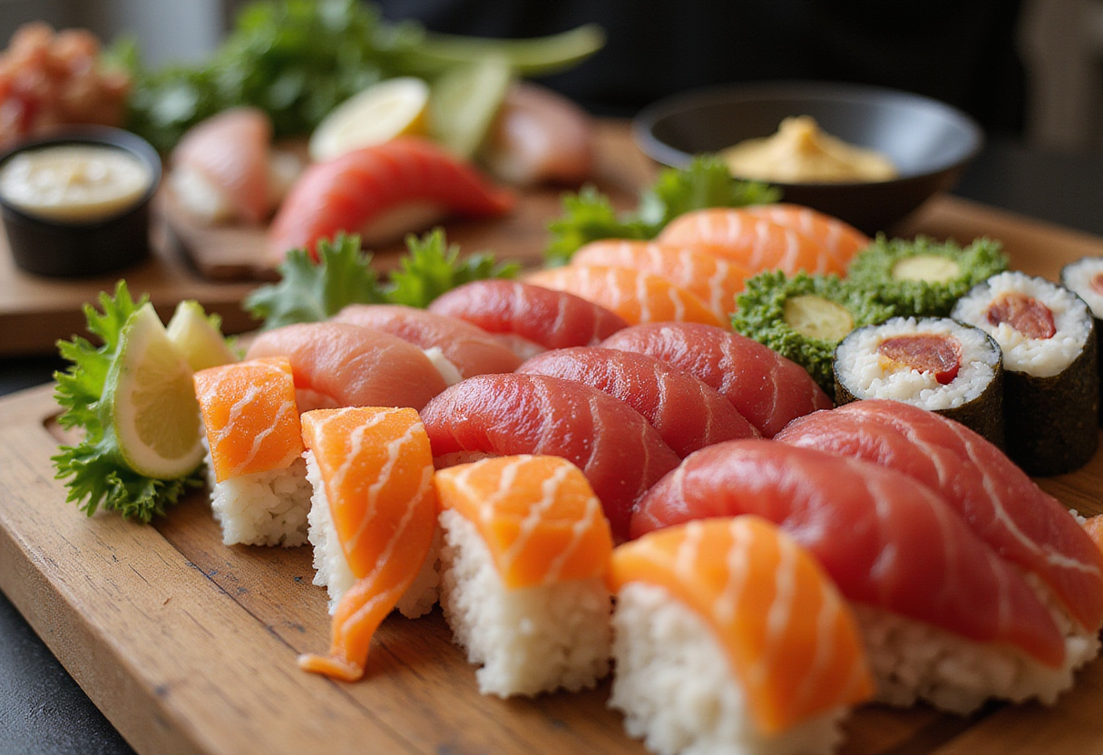 Variedad de ingredientes listos para preparar temaki personalizados, incluyendo pescado fresco y vegetales coloridos.