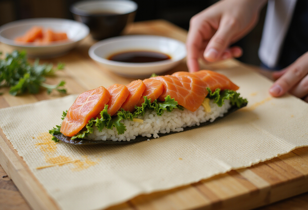 Preparando temaki personalizados enrollando sushi en nori con arroz y vegetales frescos.